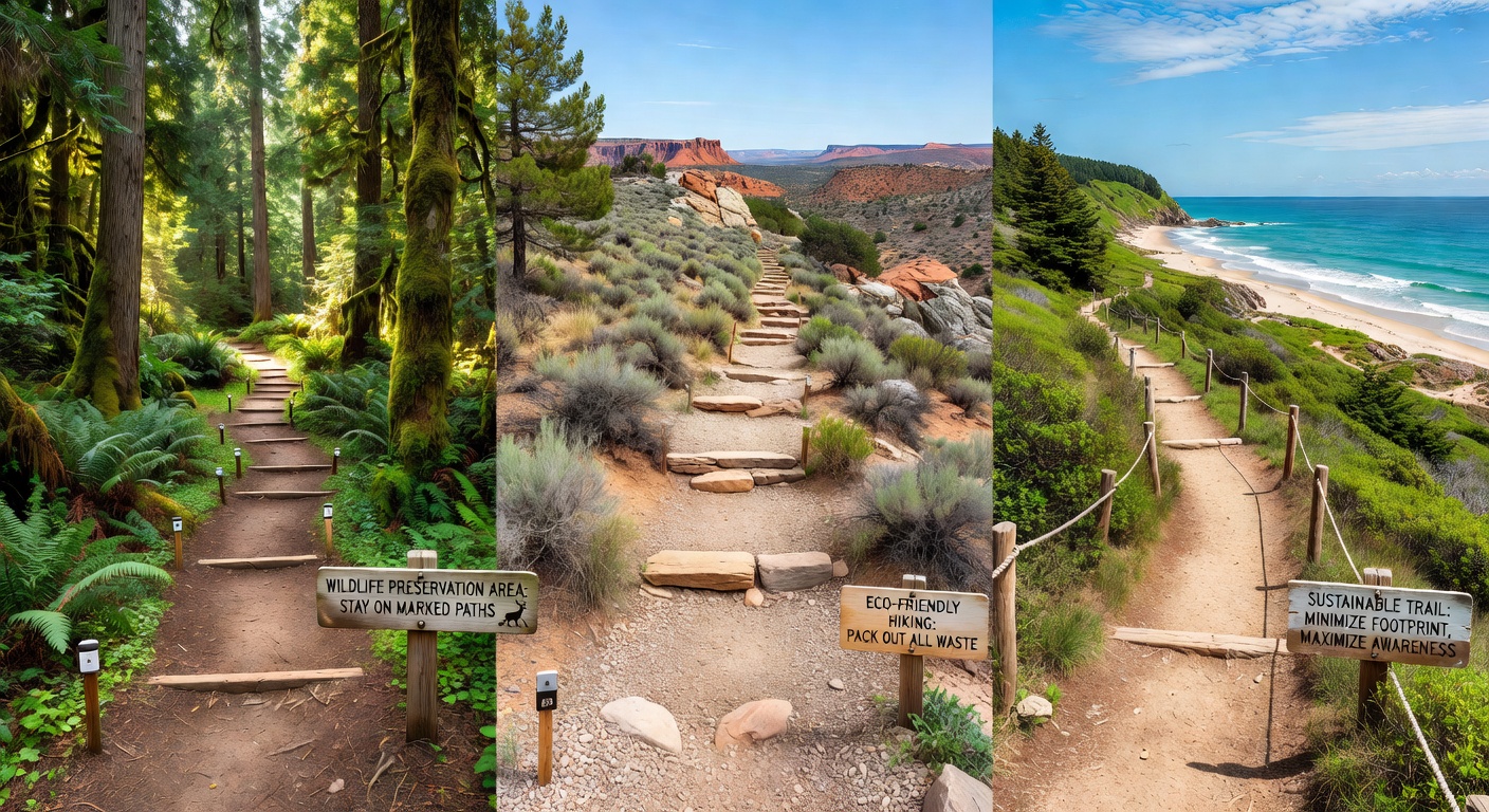Eco hiker on a mountain trail surrounded by nature
